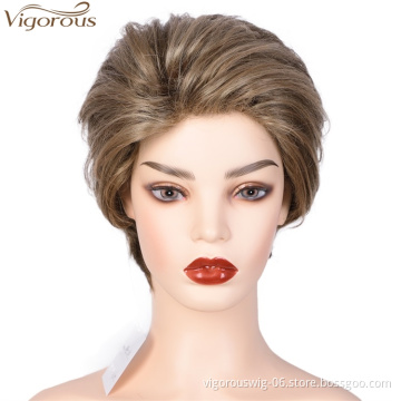 Vigorous High Temperature Top Quality Short Synthetic Grey Mixed Brown Pixie Cut Hairstyles Layered Fluffy Wigs